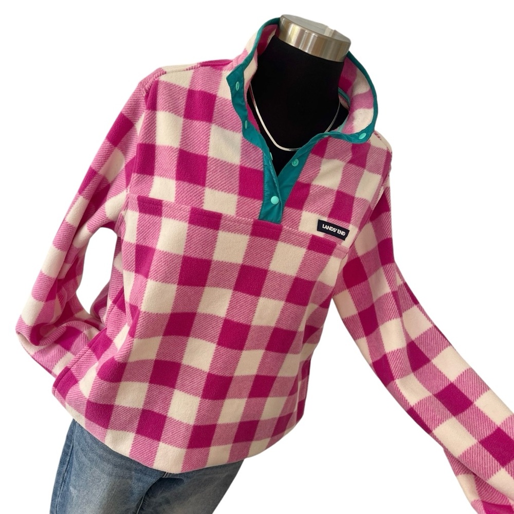 Lands’ End Heritage pullover fleece verbena buffalo check snap neck M - Picture 1 of 10